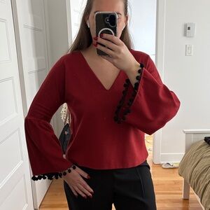 Marigold V-Neck Blouse with Black Pom-Pom Trim